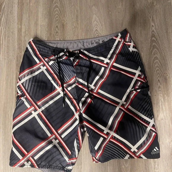 Adidas Men's Swim Shorts - Black and Red Checkered - Picture 1 of 3
